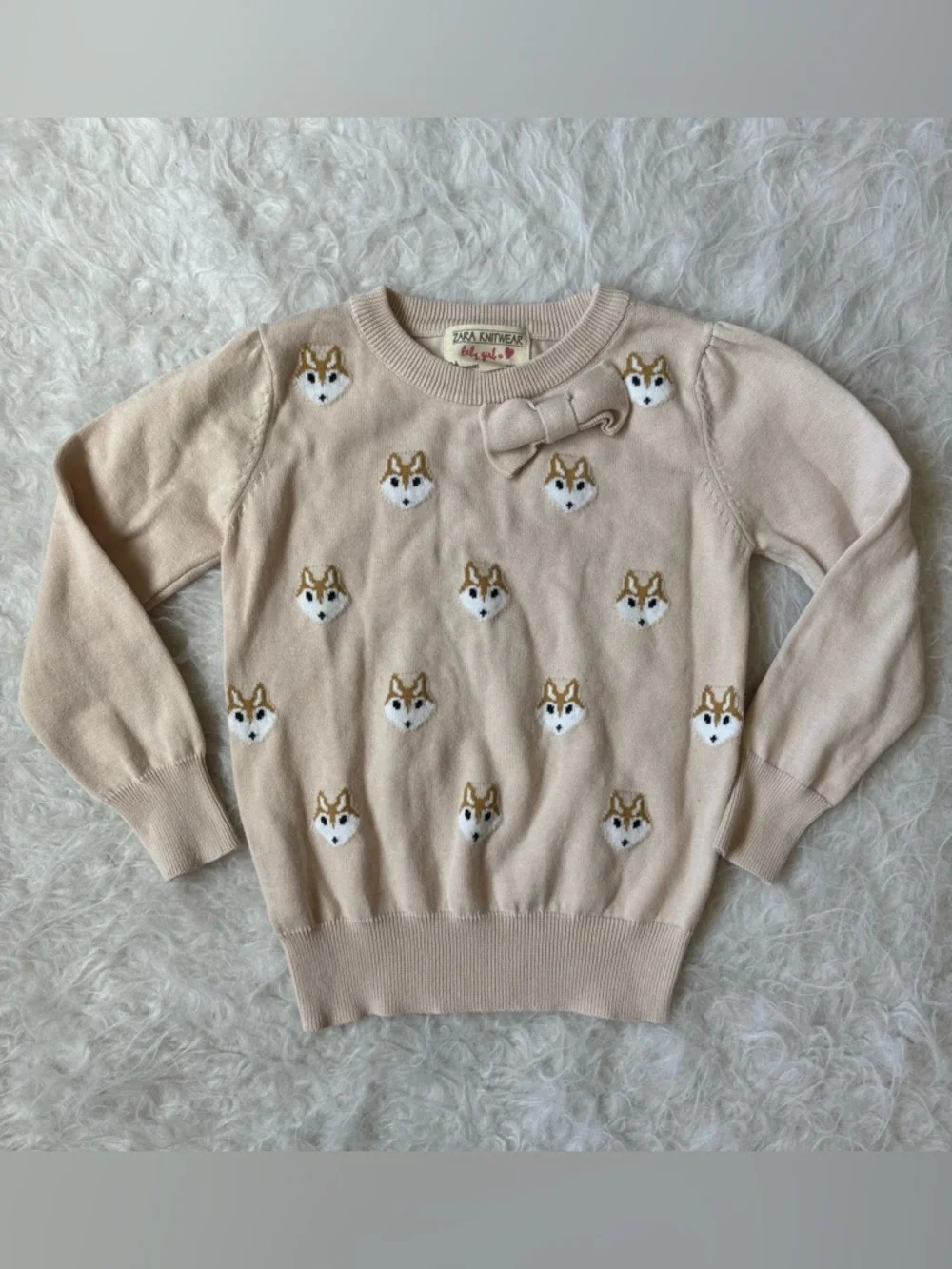 Zara Girls Cream Knit Sweater with Fox AOP and Bow Detail